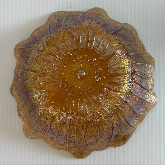Vintage Indiana Iridescent Carnival Glass Sunflower Marigold Amber 7" Bowl - Picture 3 of 8